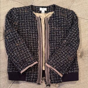 LOFT Navy Multi Tweed Zip-Front Jacket